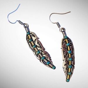 🌸Silver Tone and Faux Turquoise Feather Earrings